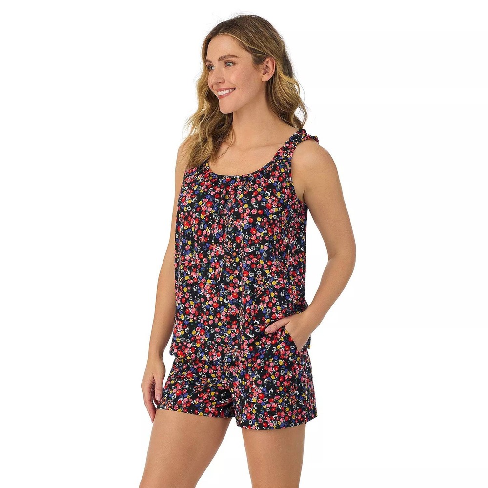 Cuddl Duds Womens XXL Pajama Set Black Floral Ruffle Tank Shorts Sleepwear Loung